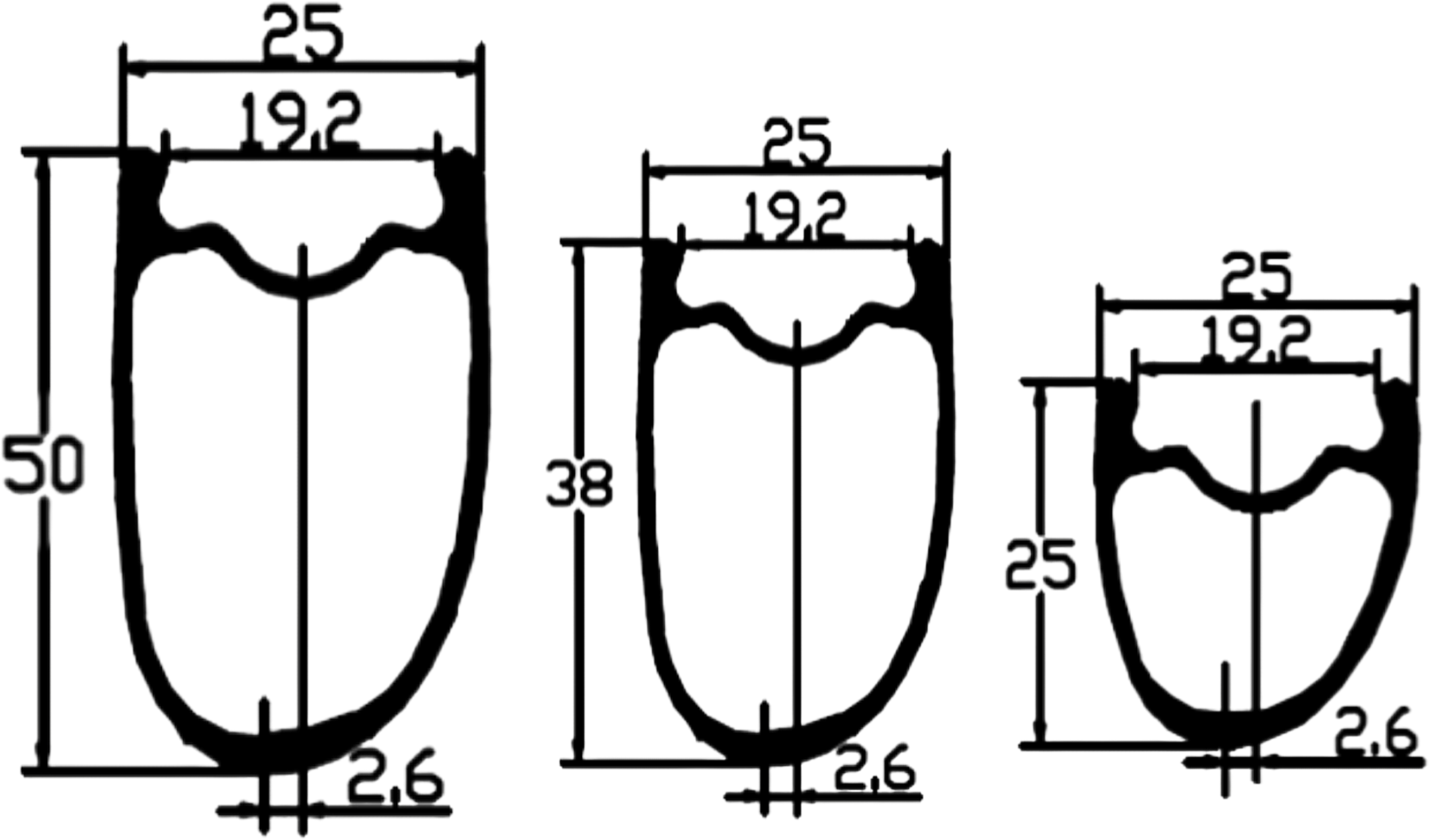 Cross-section view of a 25mm wide asymmetry rim